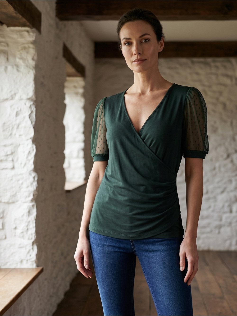Source Unknown Dark Green Wrap Blouse with Sheer Puff Swiss Dot Sleeves